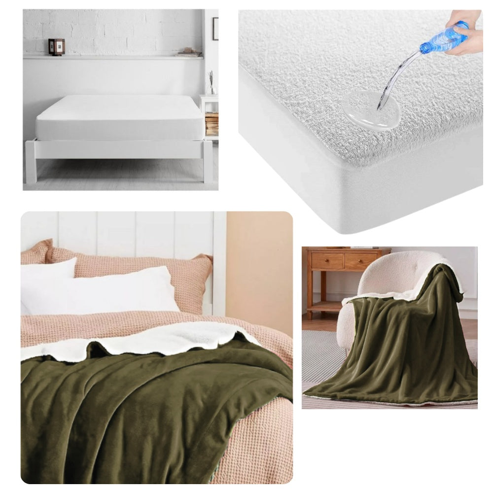 Combo Protector De Colchon Antifluido + Cobija Termica Ovejera Doble Faz 180 X 240