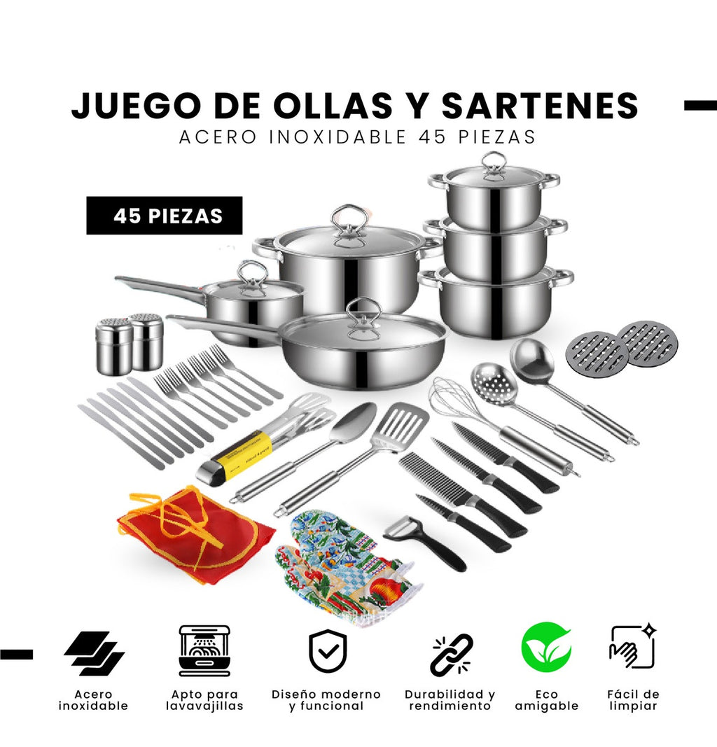 Juego Ollas Y Sartenes 45 Piezas Acero Quirurgico Inoxidable Antiadherente Cocina Cookware