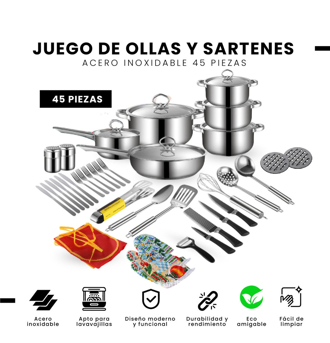 Juego Ollas Y Sartenes 45 Piezas Acero Quirurgico Inoxidable Antiadherente Cocina Cookware