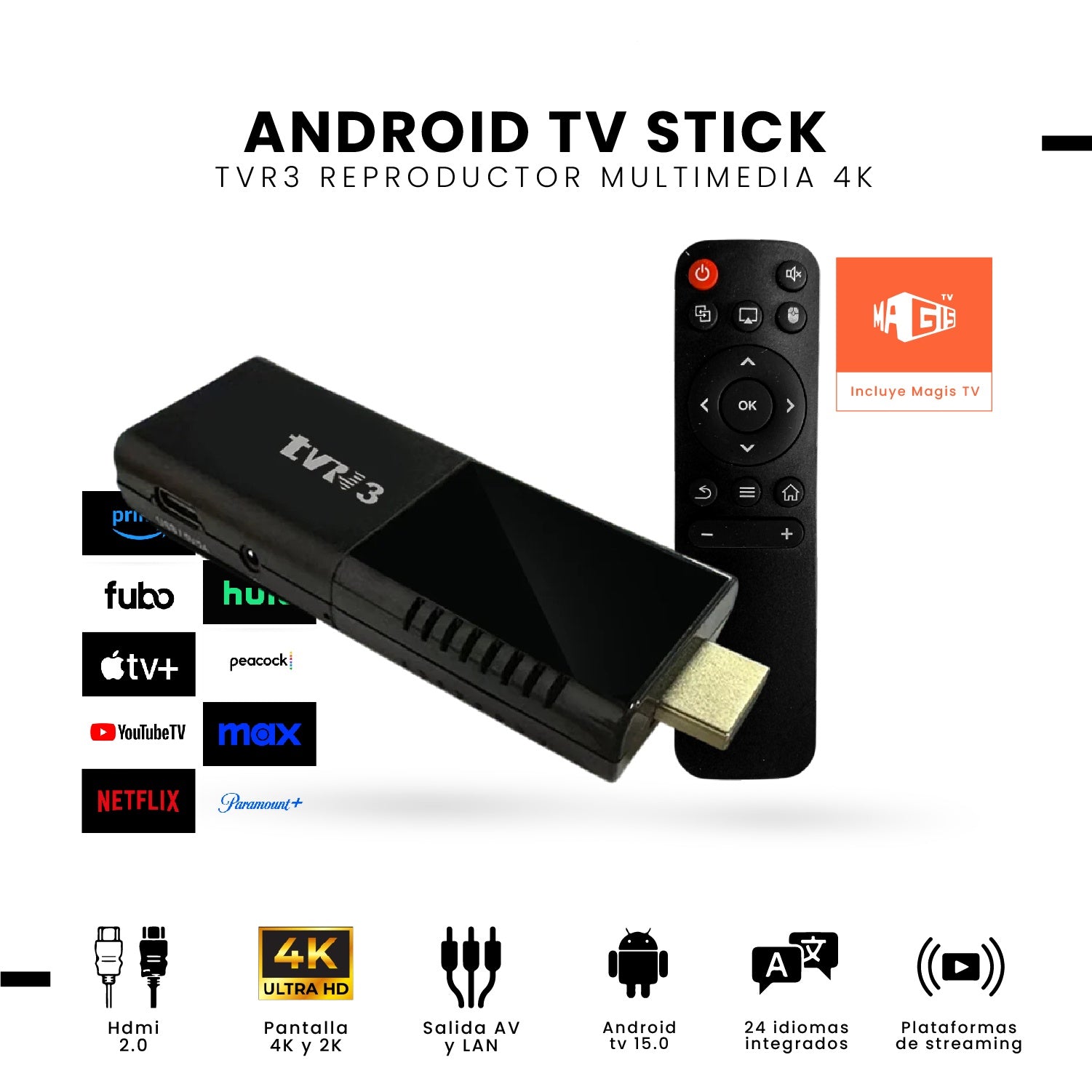 Android Tv Stick 4K Hdmi Con Magis Tv, Wifi, Netflix Y Apps Streaming