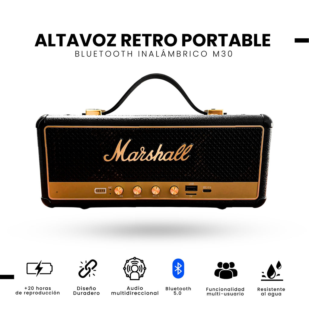 Parlante Bluetooth Sonido Potente Usb Mp3 Fm Marshall Clasic Negro Replica 1.1