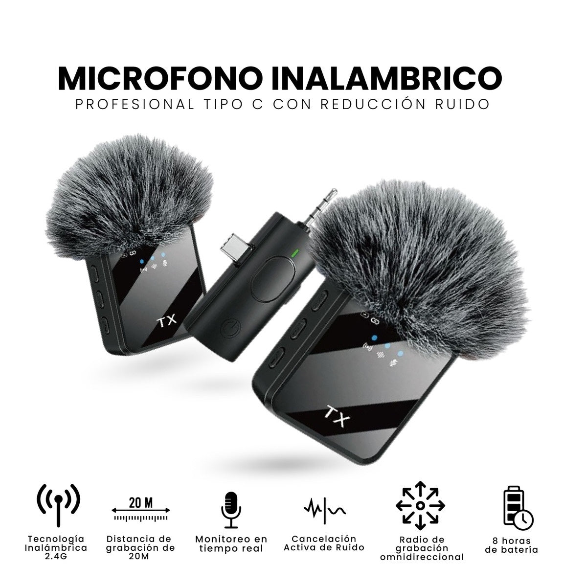 Microfono Solapa Doble Inalambrico Profesional Tipo C Ip Jack Reduccion De Ruido Y 20M