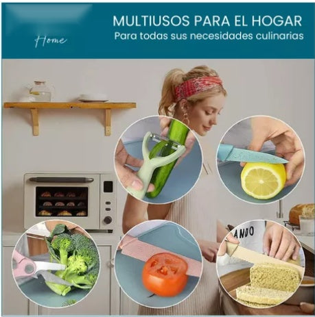 Combo Tabla Para Picar 4 En 1 + Set X6 Piezas Cuchillos Bali