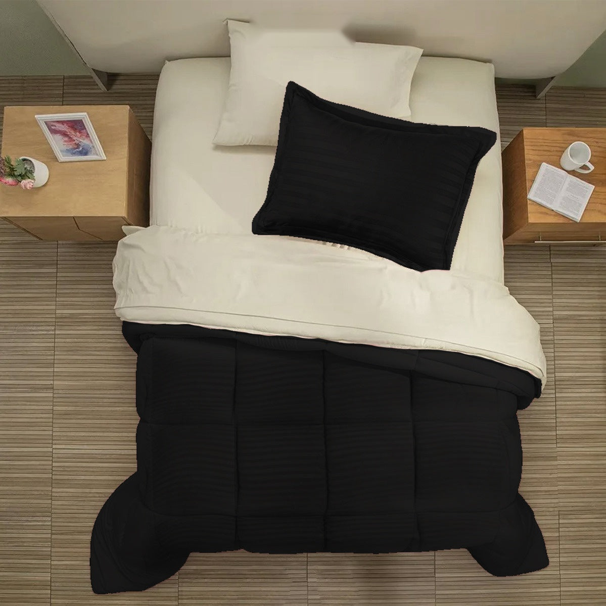 Edredon Microfibra Para Cama Sencilla 2 Fundas Tela Suave Innovo Negro