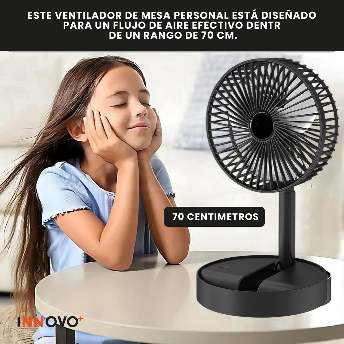 Mini Ventilador De Mesa Portable Potente 3 Velocidades Soporte Para Celular Innovo Negro