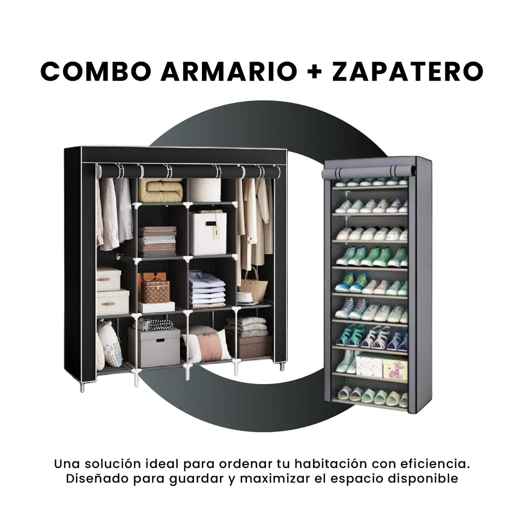 Combo Armario Organizador De Ropa Extra Grande 4 Puertas Y Zapatero 9 Niveles