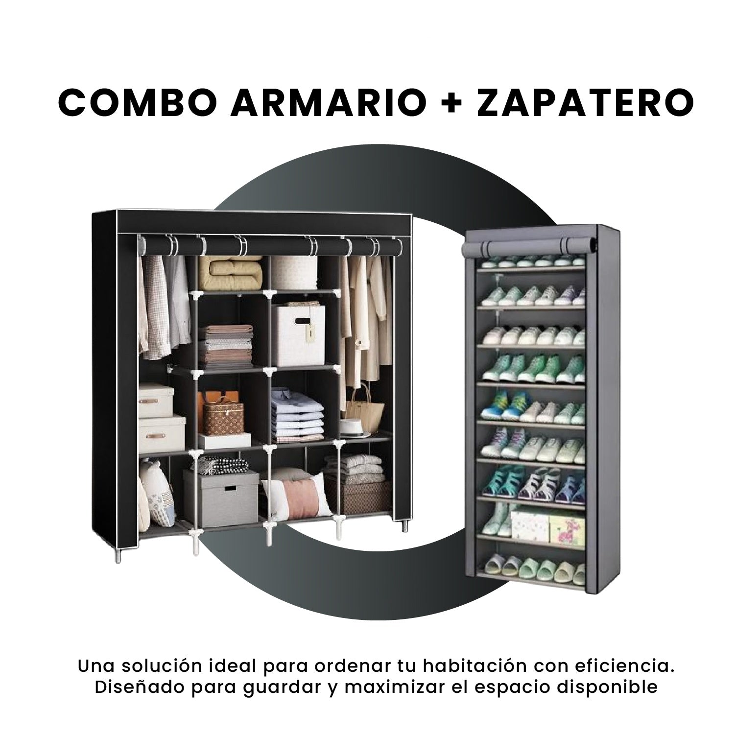 Combo Armario Organizador De Ropa Extra Grande 4 Puertas Y Zapatero 9 Niveles