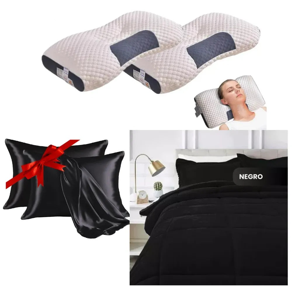 Combo Cubrelecho Doble Cama Ovejero + 2 Almohadas Semi-Ortopedicas + Obsequio Fundas Satin