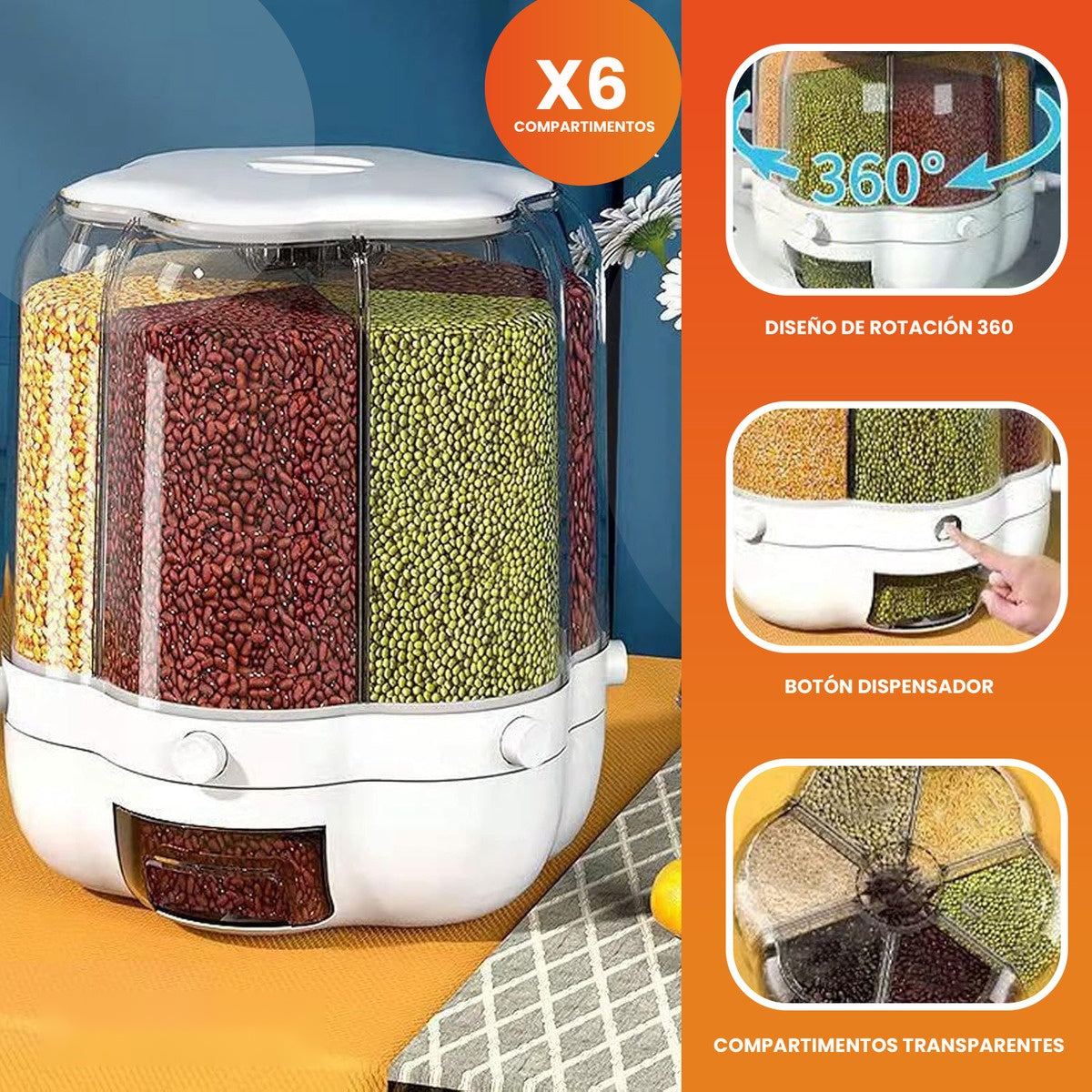 Dispensador Recipiente X6 Espacios Para Granos Cereales Giratorio Innovo Home Gb6