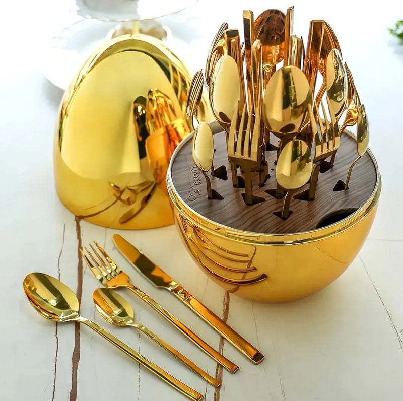 Juego De Cubiertos 24Pcs Acero Inoxidable Gold Estuche Huevo Color Dorado