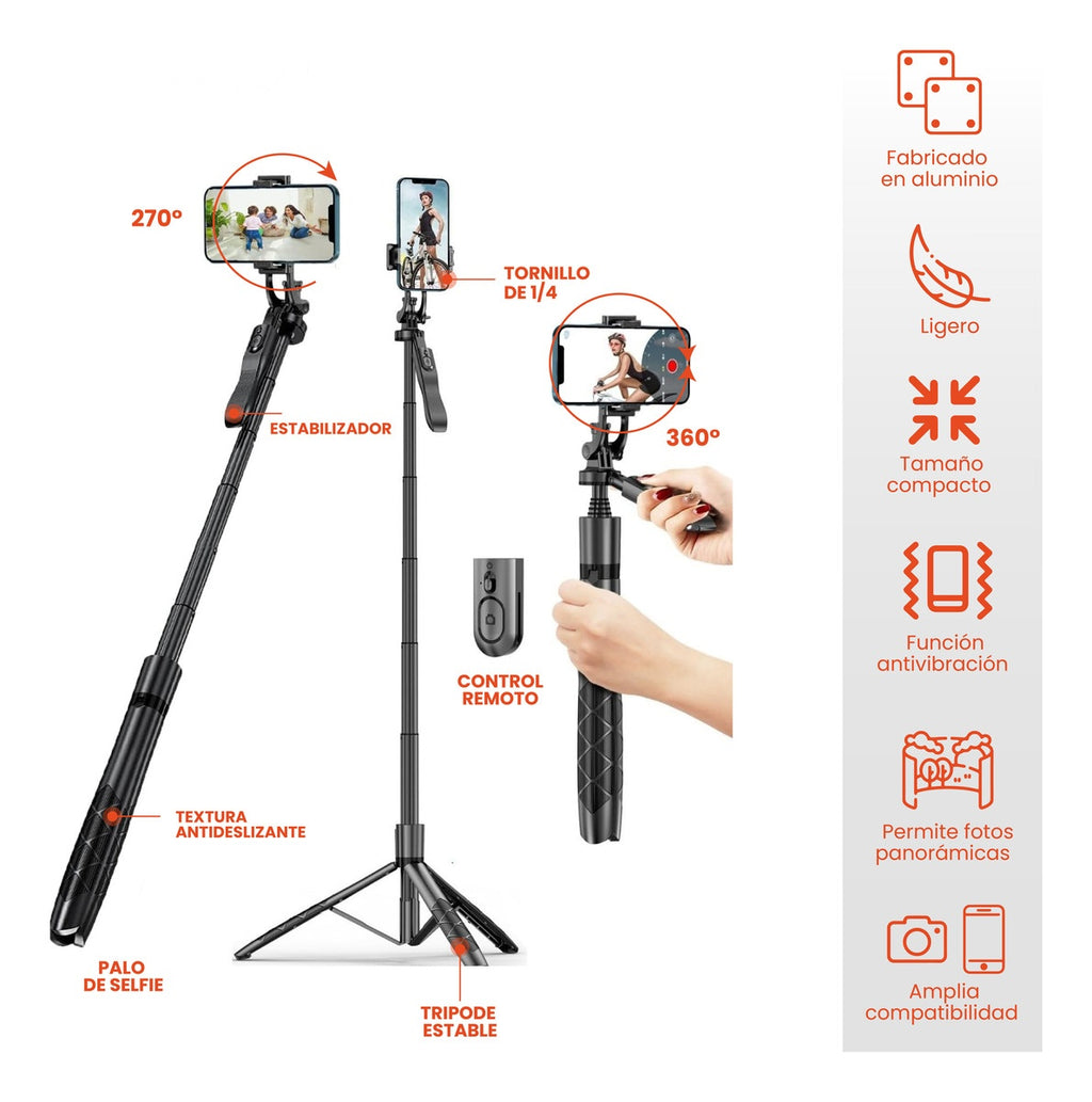 Palo Selfie Tripode Aluminio Extra Largo Profesional 160Cm