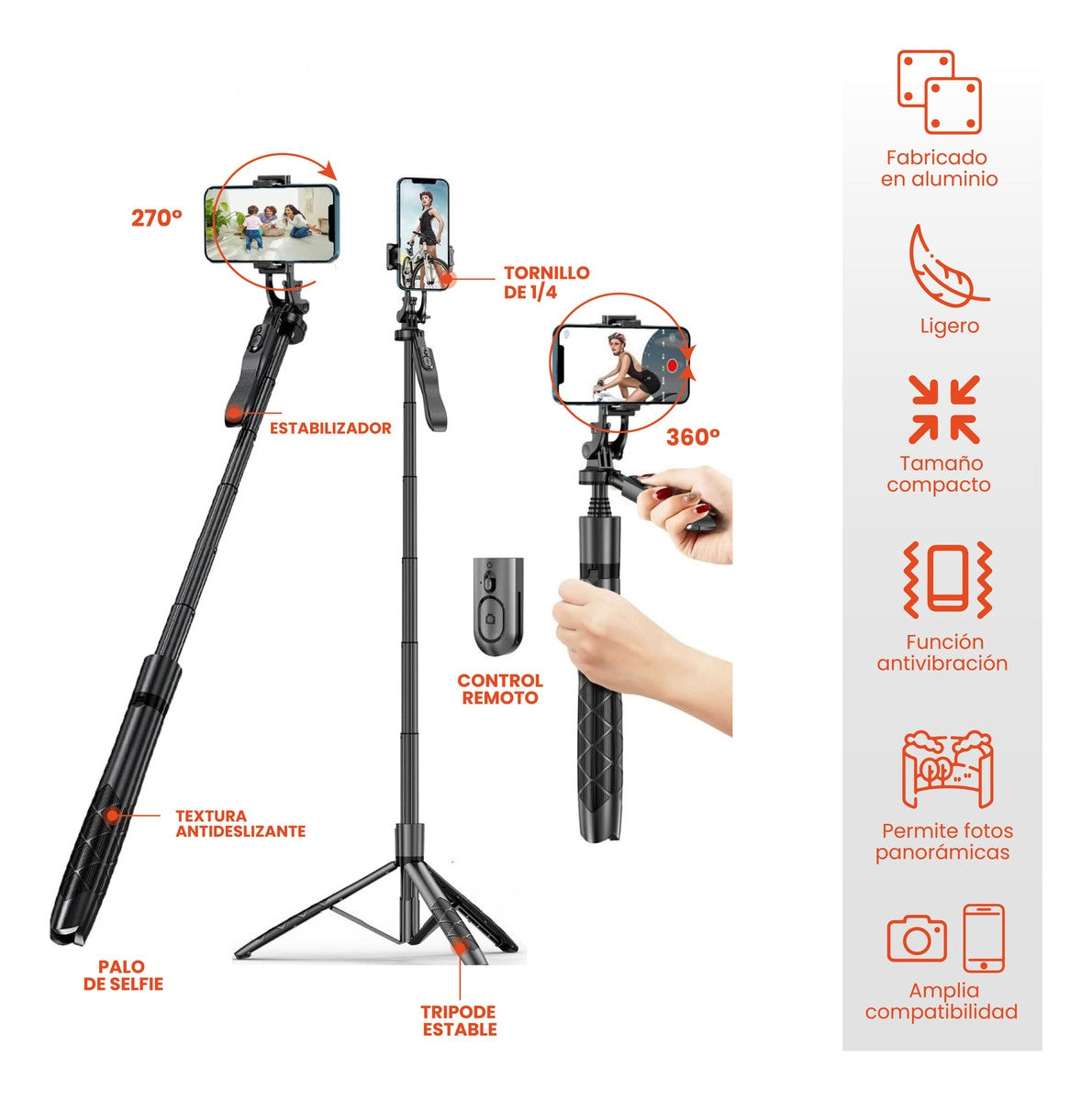 Palo Selfie Tripode Aluminio Extra Largo Profesional 160Cm