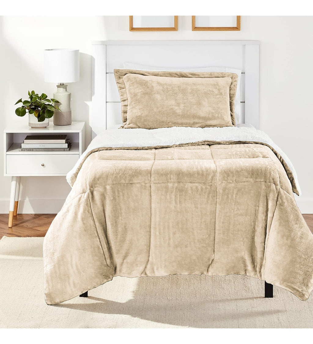 Cubre Cama Cubrelecho Sencilla Reversible Ovejero Suave Beige Doble Faz