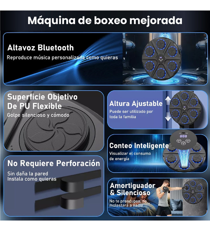 Maquina De Boxeo Musical Tablero Fit Guantes Bluetooth 6 Golpes