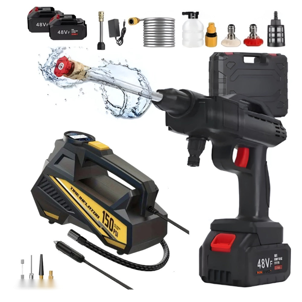 Combo Hidrolavadora Doble Bateria 48V Alta Presion + Compresor De Aire Portable Vehiculos 150Psi