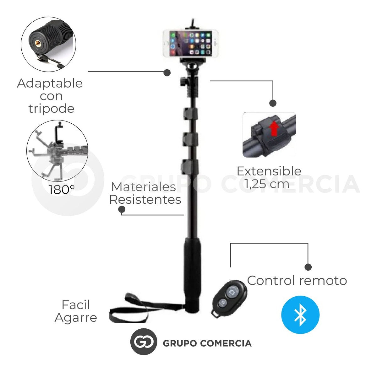 Palo Selfie Extra Largo 125 Cm Ajustable Con Bluetooth