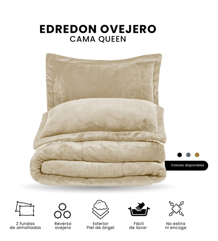 Cubrelecho Ovejero Cama Queen Suave Reversible 2 Fundas Premium Beige