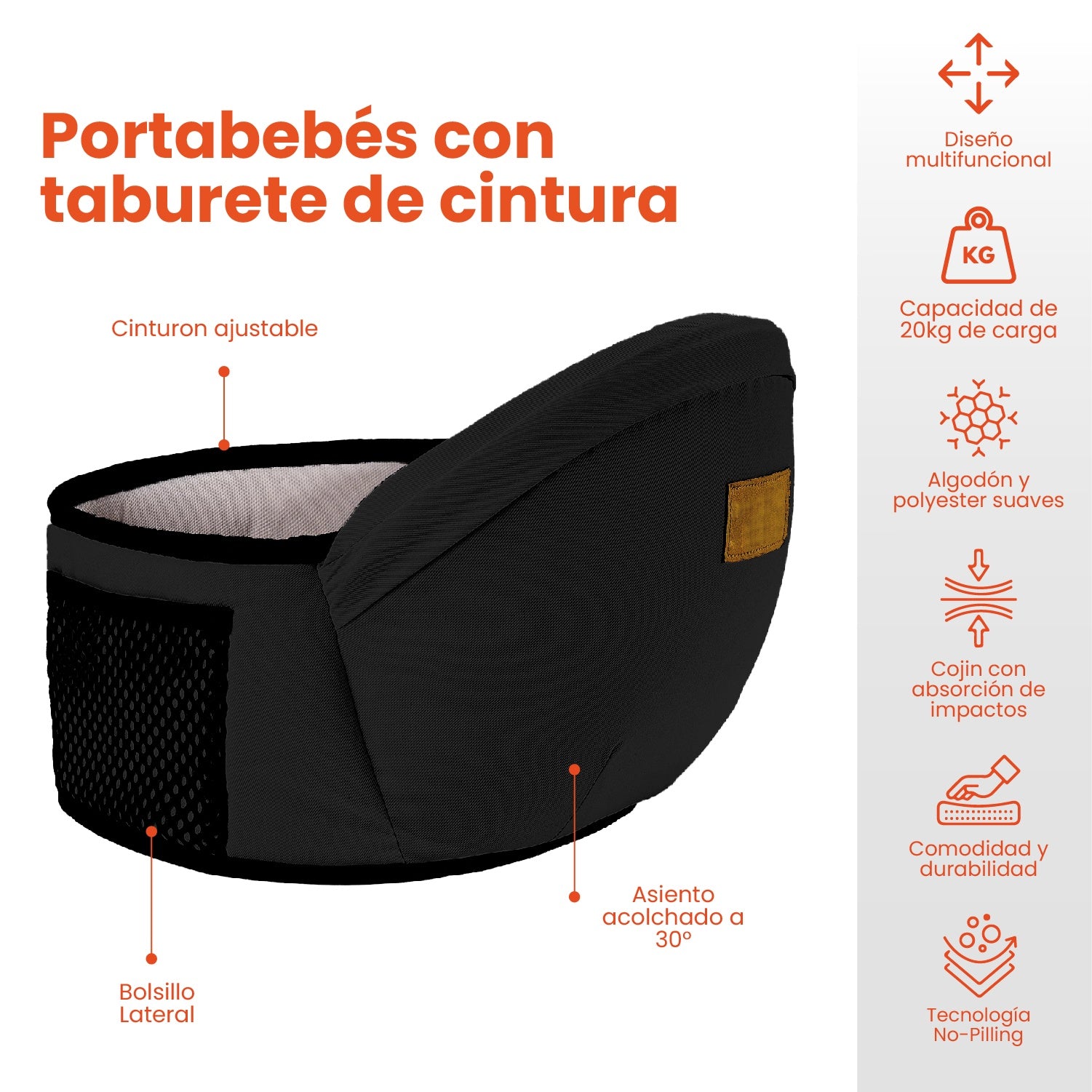 Canguro Portador Ergonomico Cintura Para Bebes De 0 A 4 Anos Negro Innovo