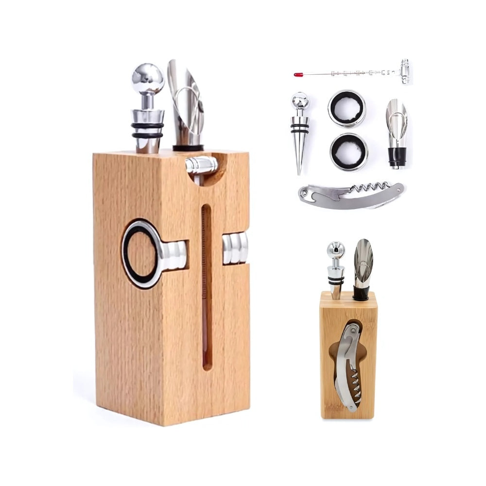 Kit Descorchador De Vino Sacacorchos 7 En 1 Metalico Madera Lujo Con Accesorios