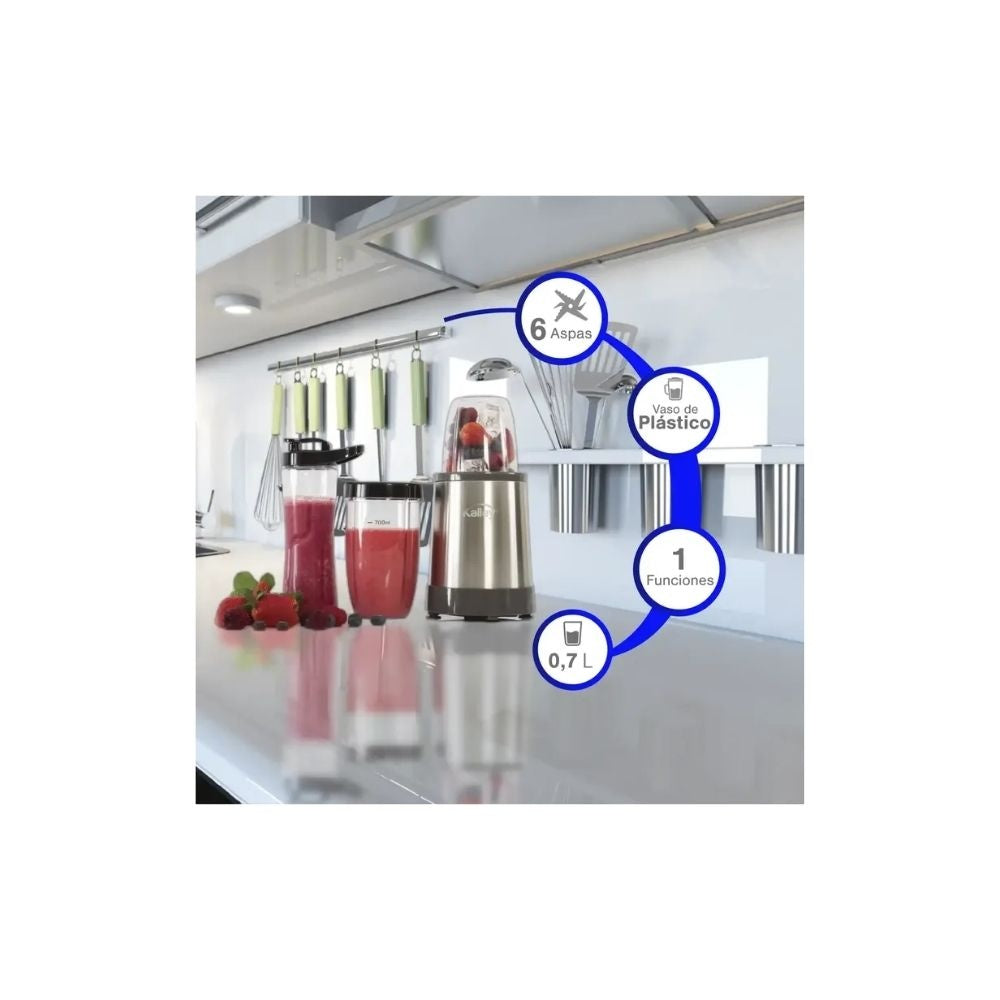 Licuadora Kalley 700 Ml Acero Inoxidable Vaso Deportivo + Termo Portatil