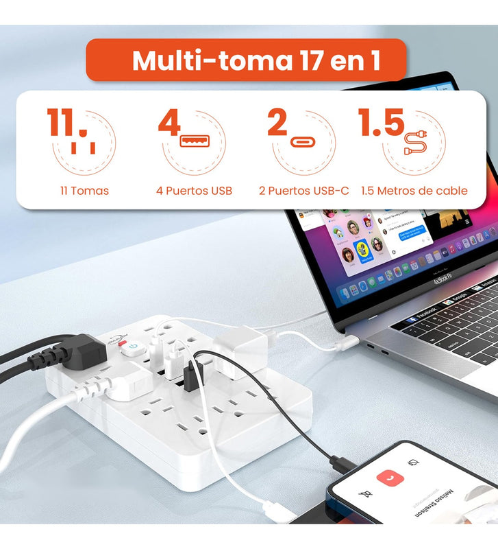 Multitoma Extension Proteccion De Picos 17 En 1 Usb / Usb C