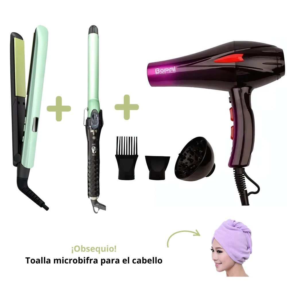 Super Combo Secador Bopai 4000W + Plancha Tradicional + Pinza Rizadora Tubo + Obsequio Toalla