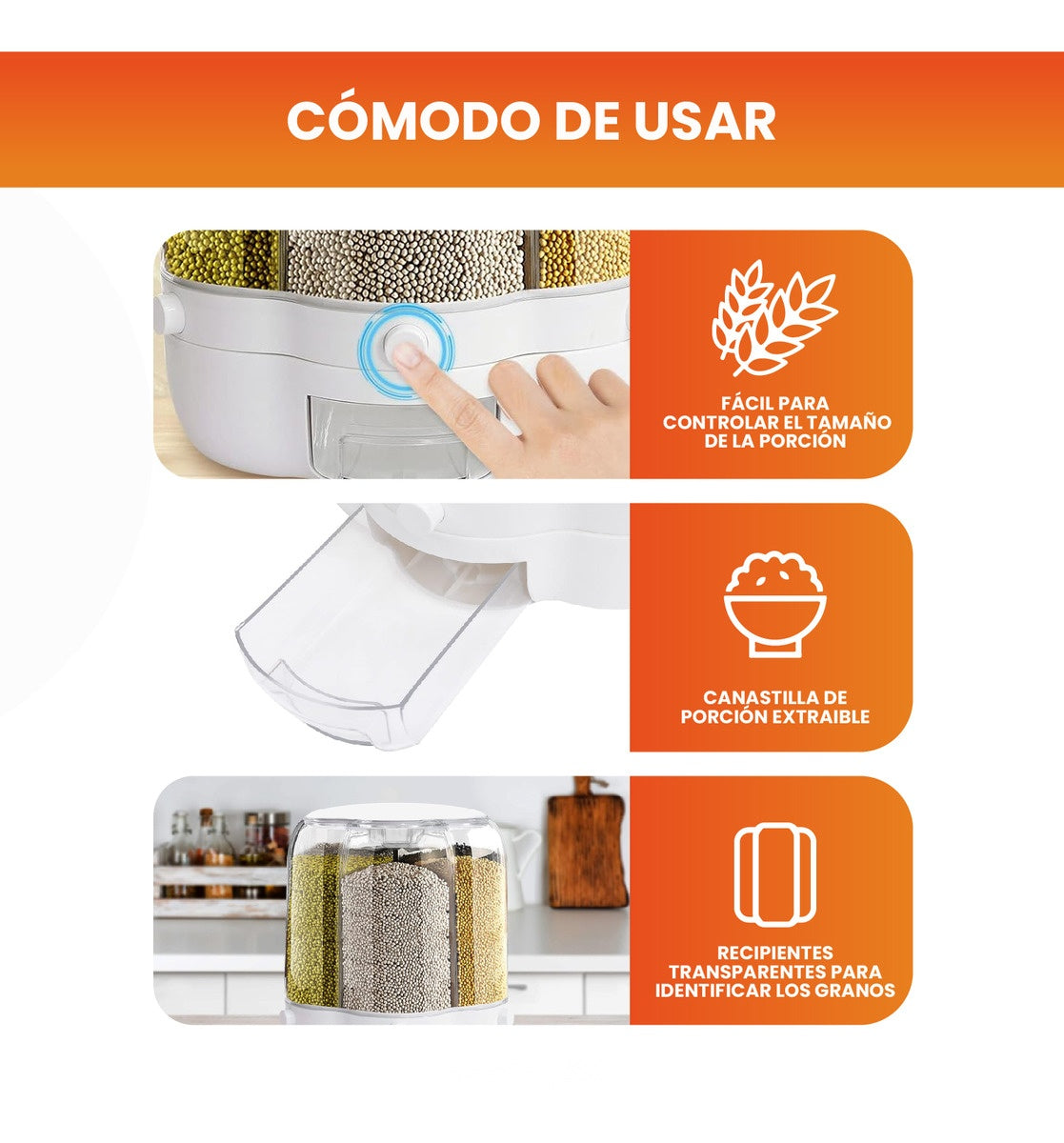 Dispensador Recipiente X6 Espacios Para Granos Cereales Giratorio Innovo Home Gb6