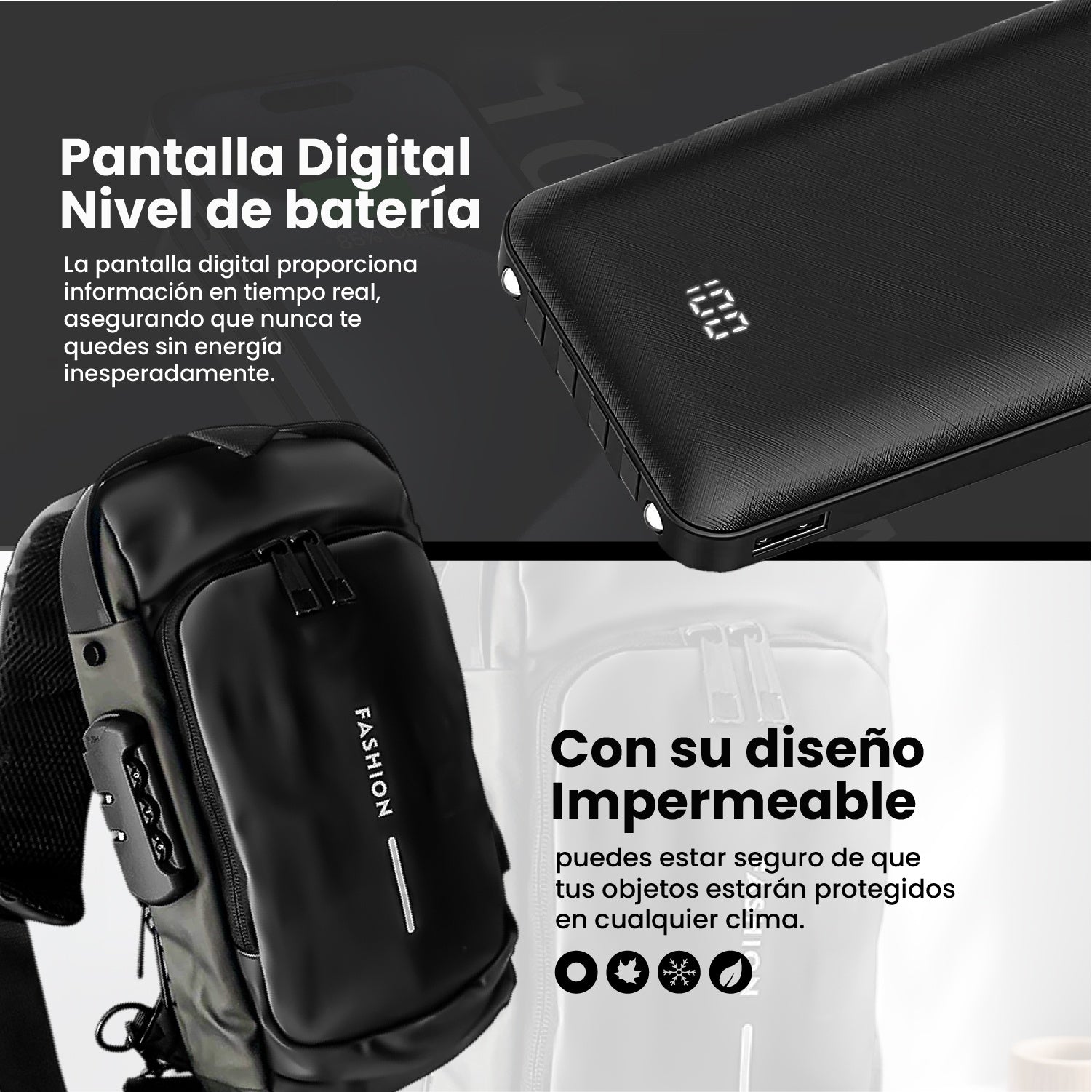 Bolso Manos Libres Antirrobo Con Clave Hombre Color Negro Con Power Bank 10.000