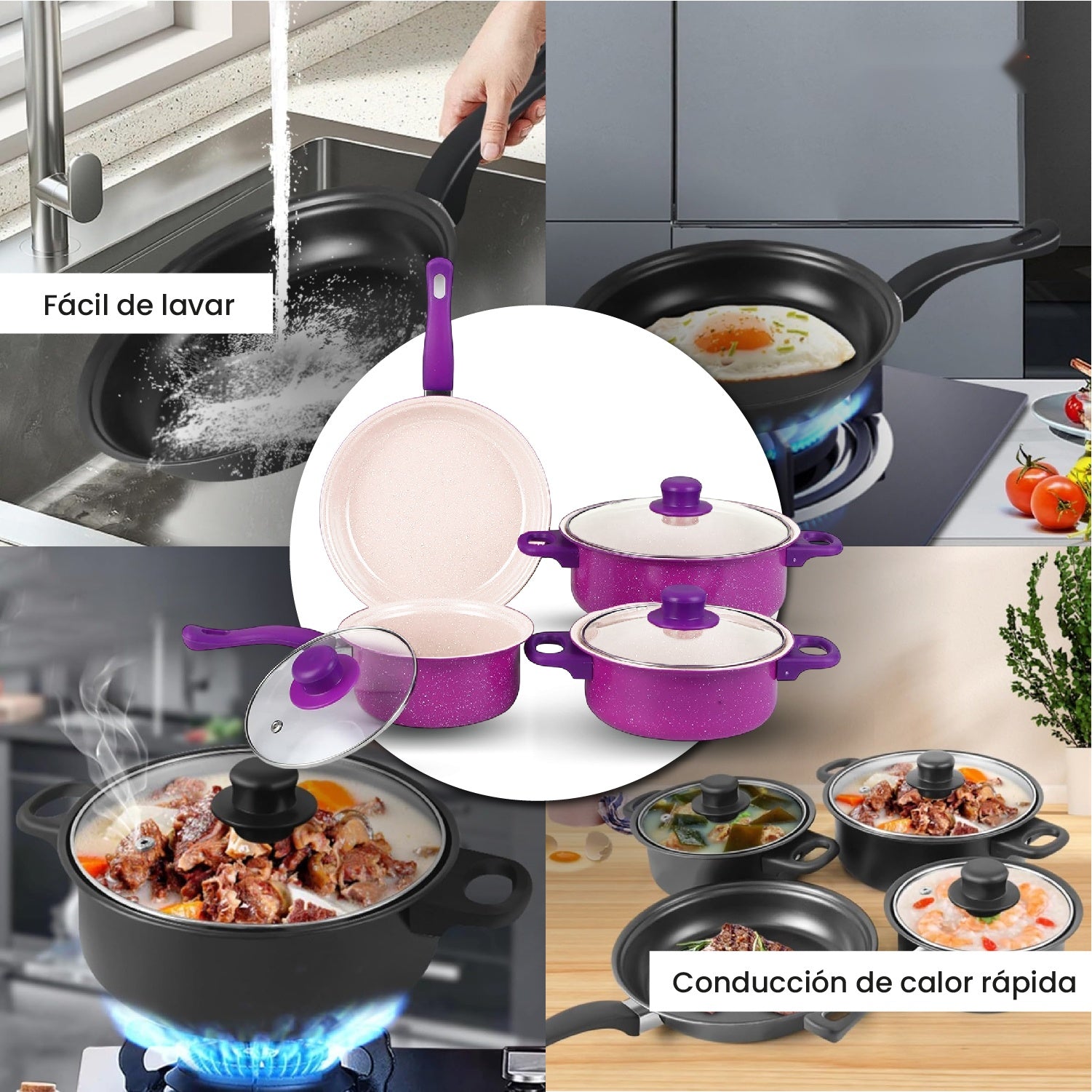 Juego De Ollas Con Tapa Vidrio Esmaltada Con Utensilios 13 Piezas Morado