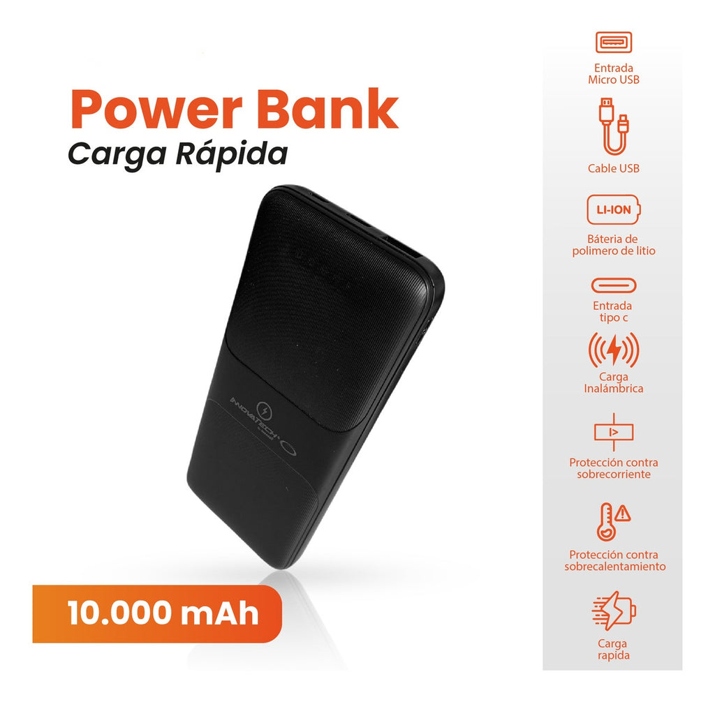 Power Bank Carga Inalambrica Y Cable 10.000Mah Carga Rapida Innovo