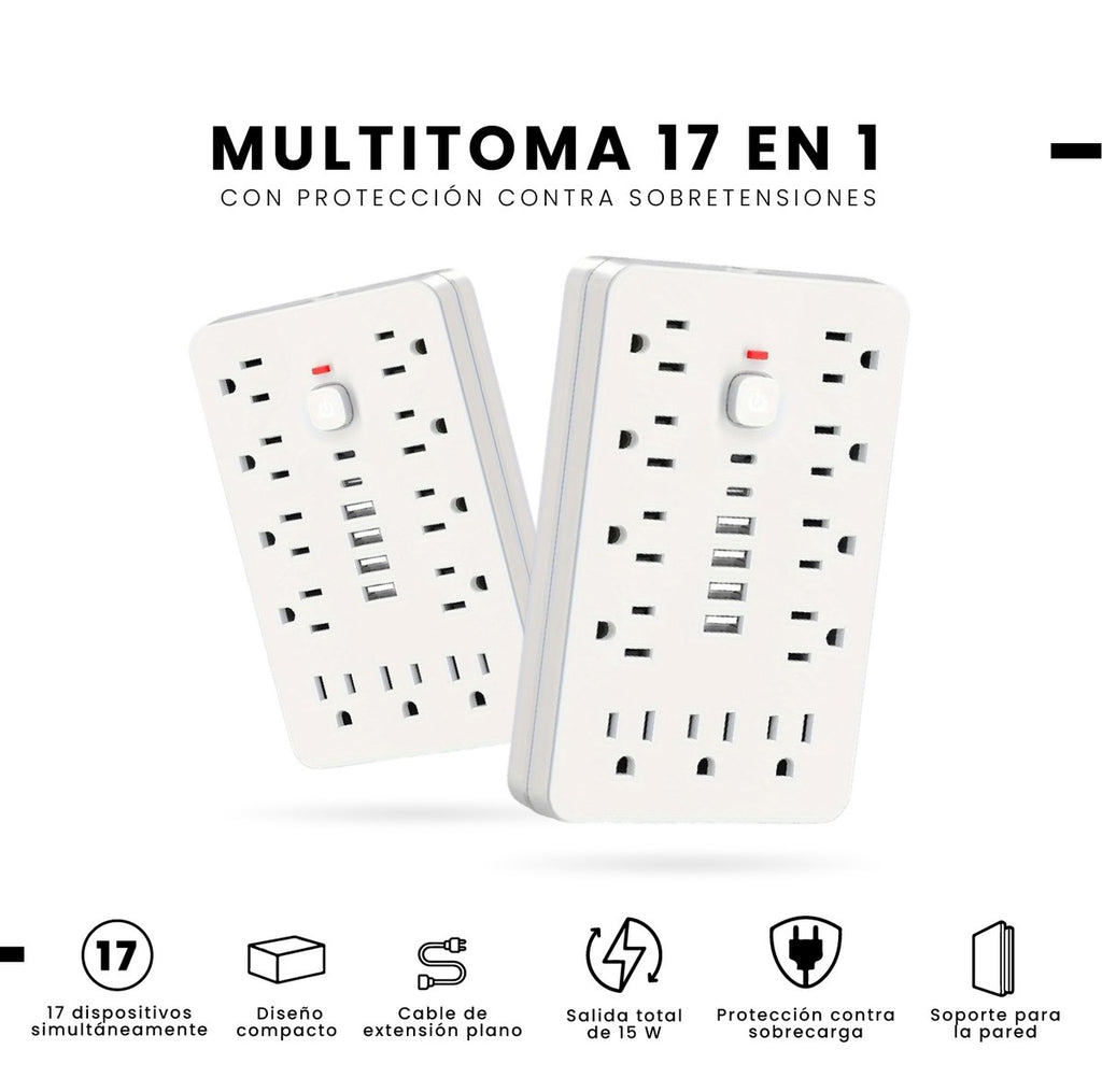 Multitoma 17 En 1 Regleta Electrica 11 Tomas 6 Usb Carga Rapida Usb-C Proteccion Sobrecarga Blanco