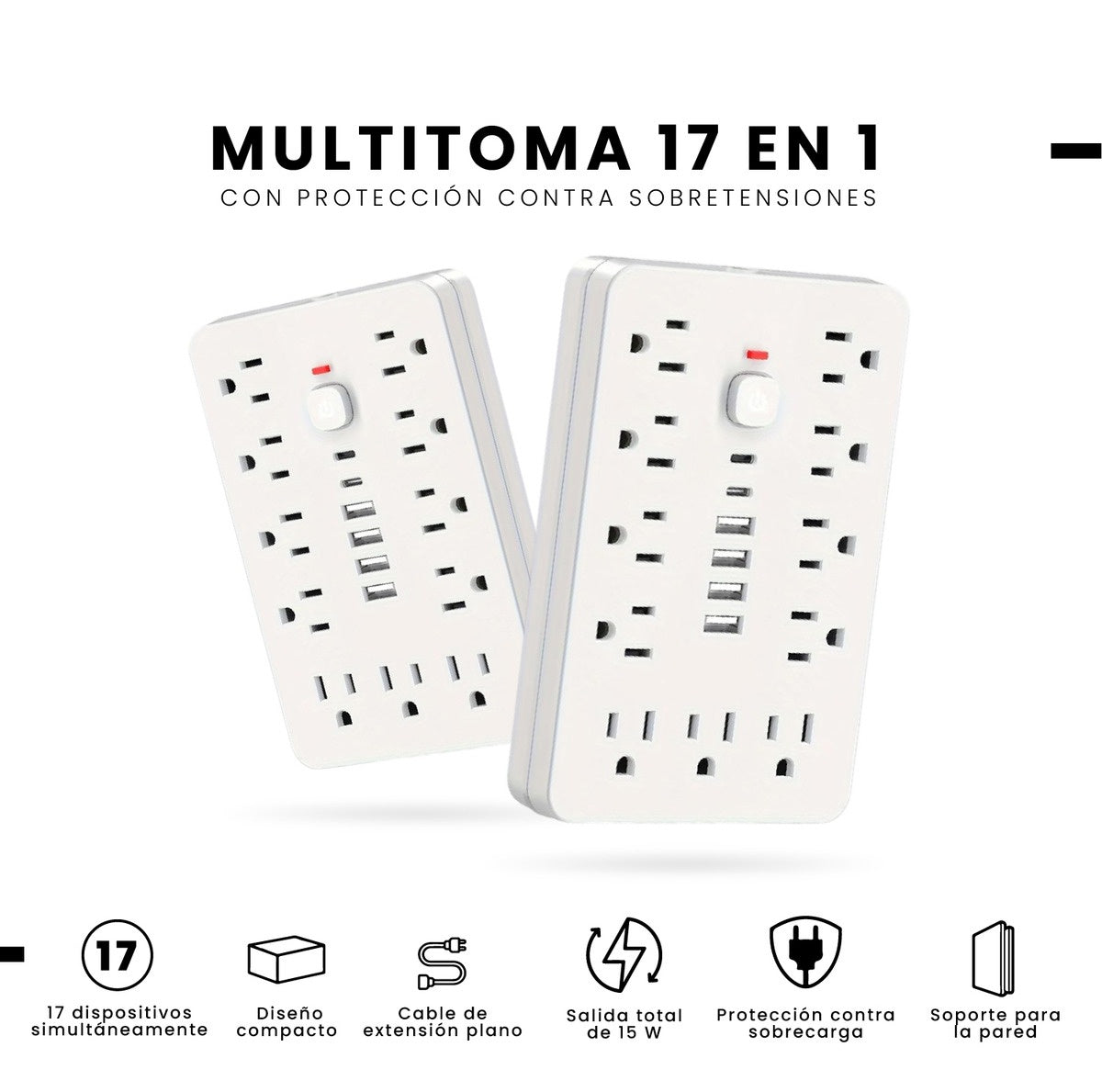 Multitoma 17 En 1 Regleta Electrica 11 Tomas 6 Usb Carga Rapida Usb-C Proteccion Sobrecarga Blanco