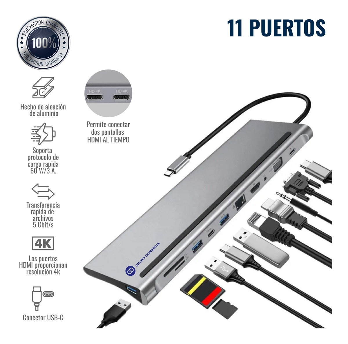 Hub Multipuertos Usb C 11 En 1 Red Gigabit Hdmi 4K Soporte