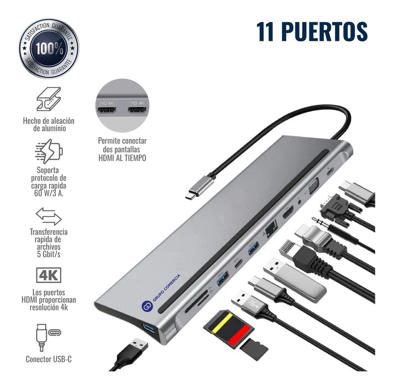 Hub Multipuertos Usb C 11 En 1 Red Gigabit Hdmi 4K Soporte