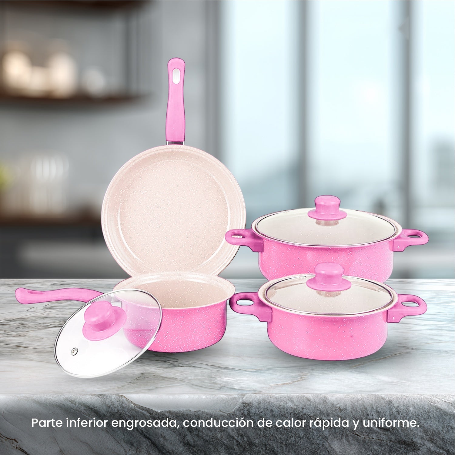 Juego De Ollas Con Tapa Vidrio Esmaltada Con Utensilios 13 Piezas Rosado