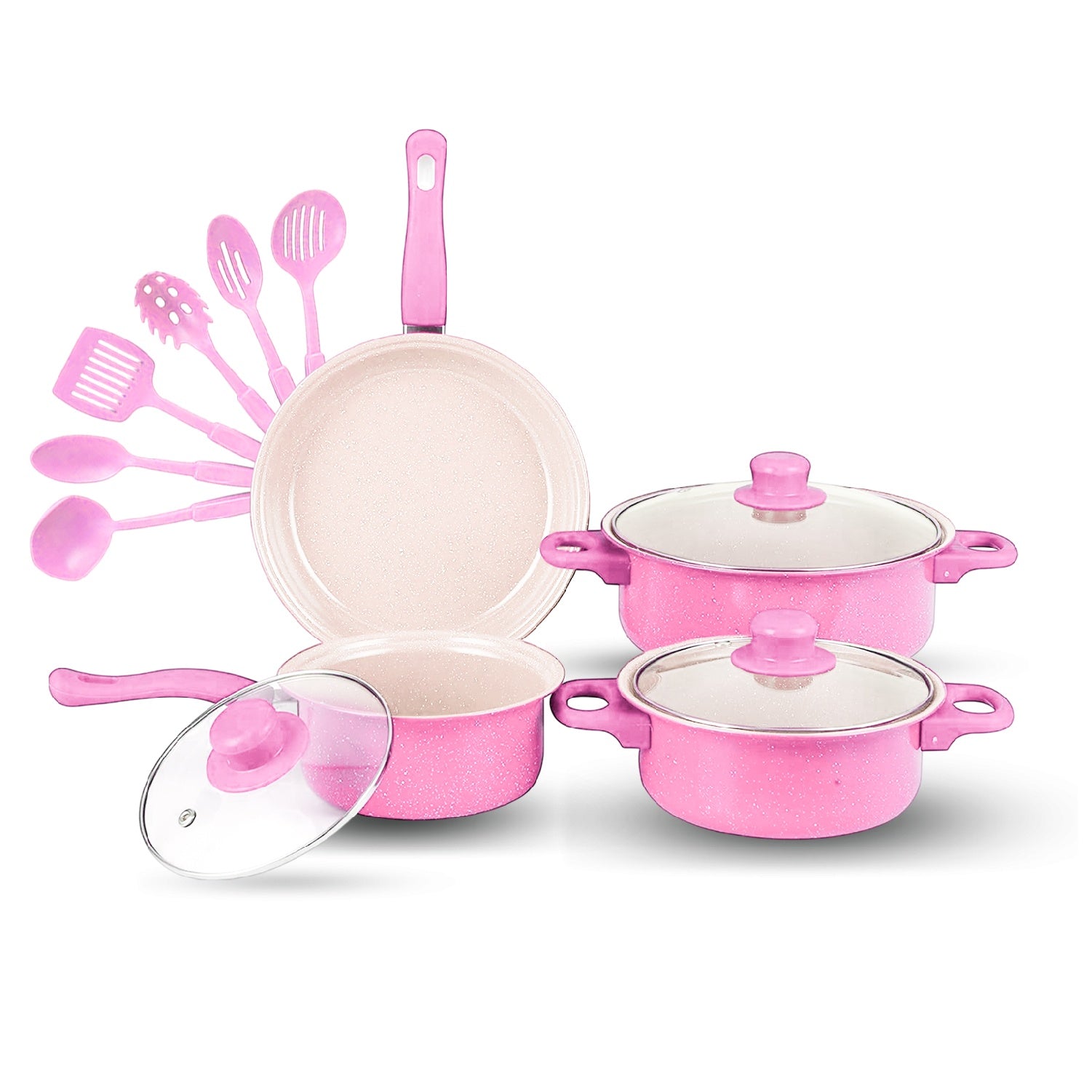 Juego De Ollas Con Tapa Vidrio Esmaltada Con Utensilios 13 Piezas Rosado