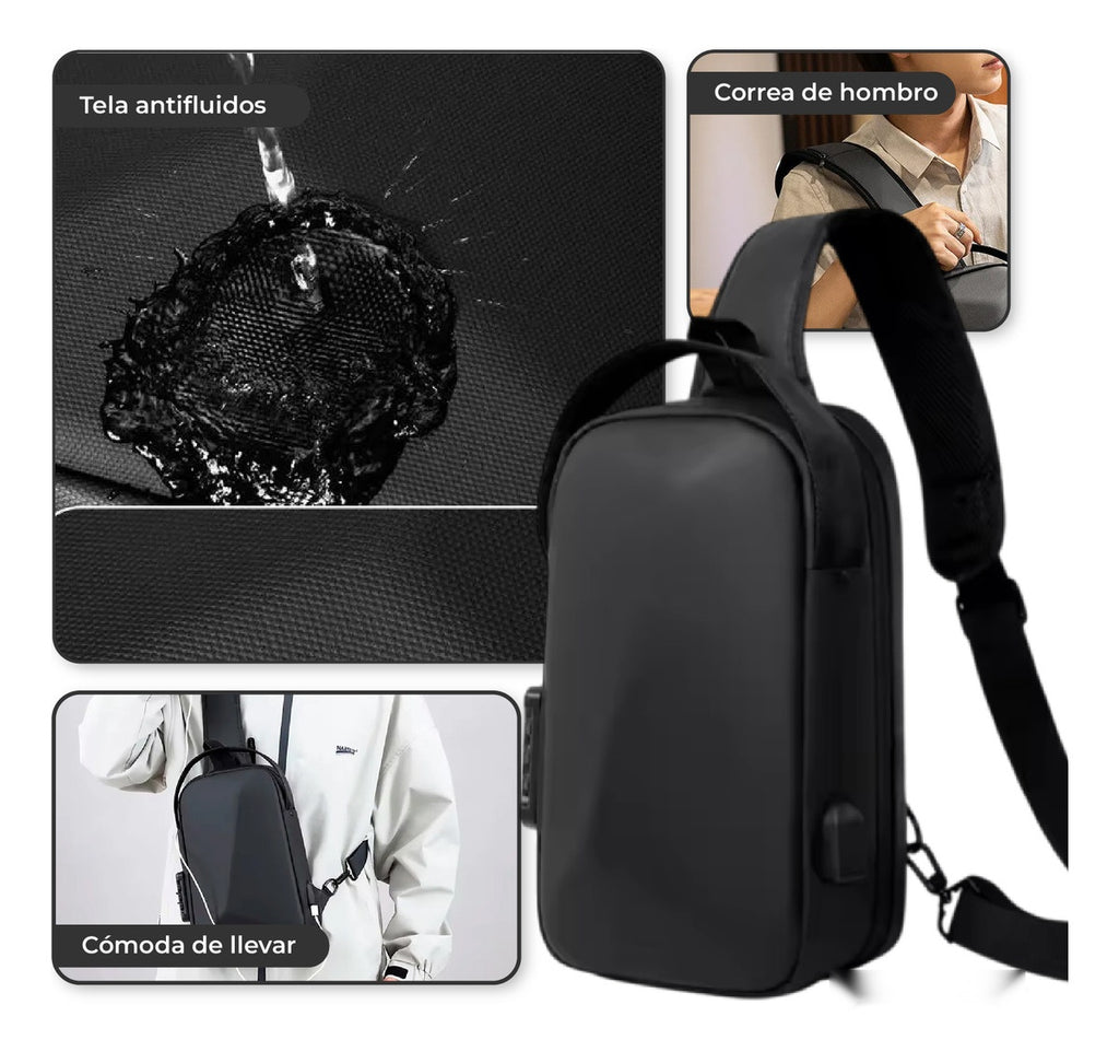 Morral Bolso Antirrobo Impermeable Con Puerto Usb Y Candado De Seguridad Negro