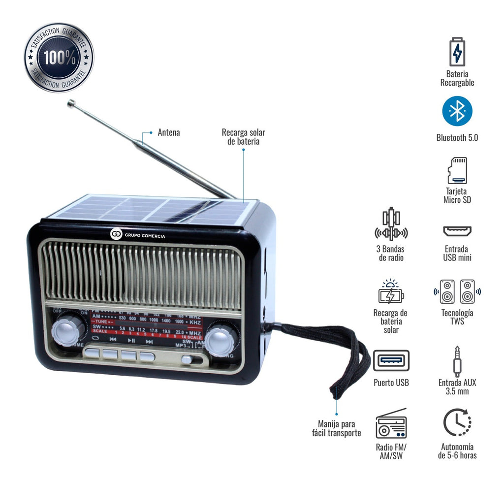 Radio Multifuncional 3 Bandas Recargable Panel Solar Retro