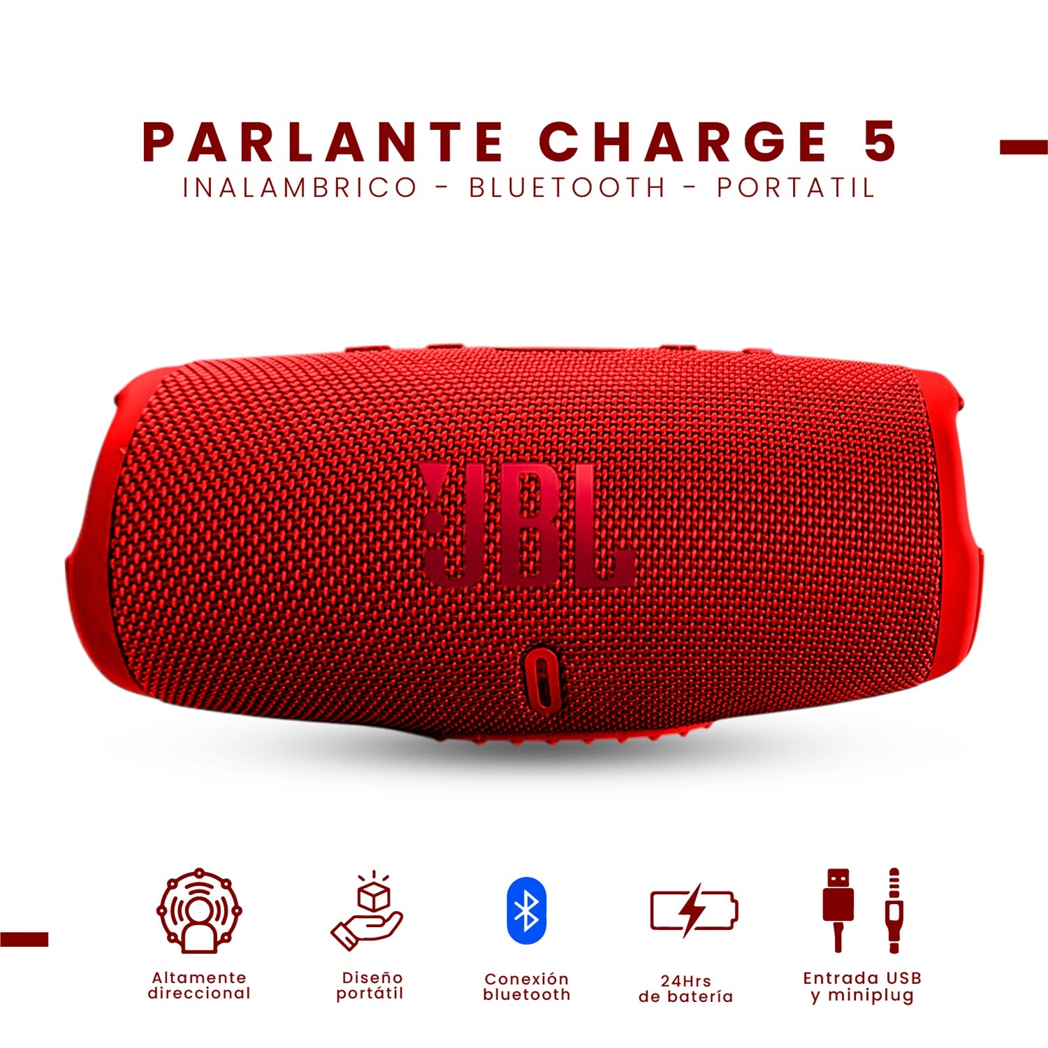 Parlante Jbl Charge 5 Replica 1.1 - Sonido Potente, Bluetooth, Portatil Rojo
