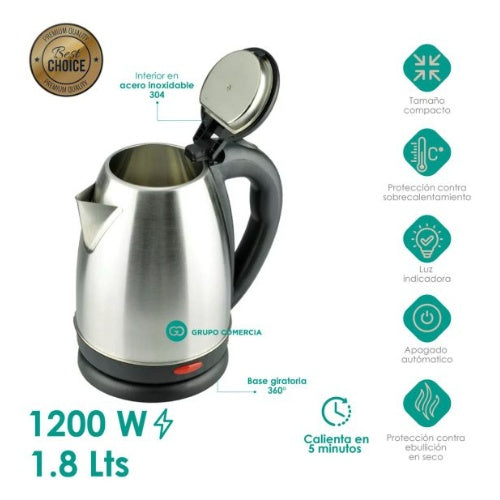 Tetera Hervidor Electrico De Agua 1.8L Acero Inoxidable 1200
