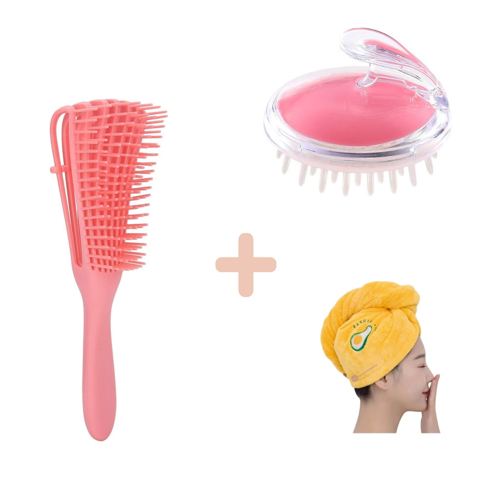 Combo Hair Top Cepillo Rizos Definidos + Cepillo Masajeador Cuero Cabelludo + Toalla Microfibra