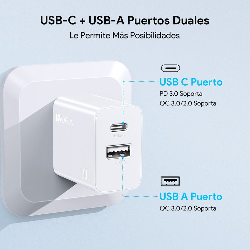 Cargador 20W Salida Dual Carga Rapida Y Cable Compatible Con Iphone 11/12/13/14, Cubo Compatible Con Samsung/Motorola/Oppo 1Hora Gar163 Color Blanco