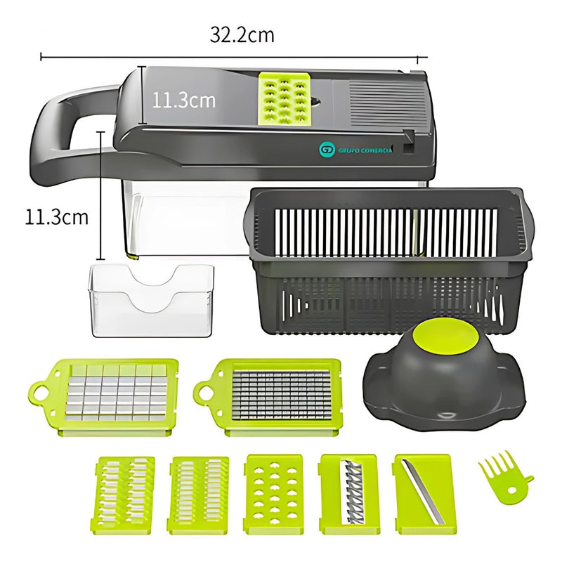 Combo Mandolina Picatodo Verdura + Tabla De Picar Descongela Carne+ Set Utensilios X12 Piezas En Silicona