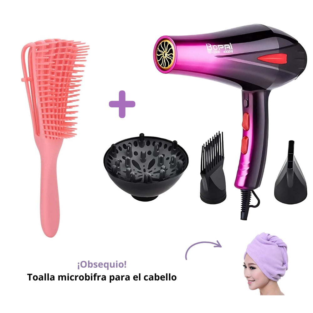 Combo Secador Bopai 4000W Difusor+ Cepillo Cabello Rizado Ondulado + Obsequio Toalla Microfibra