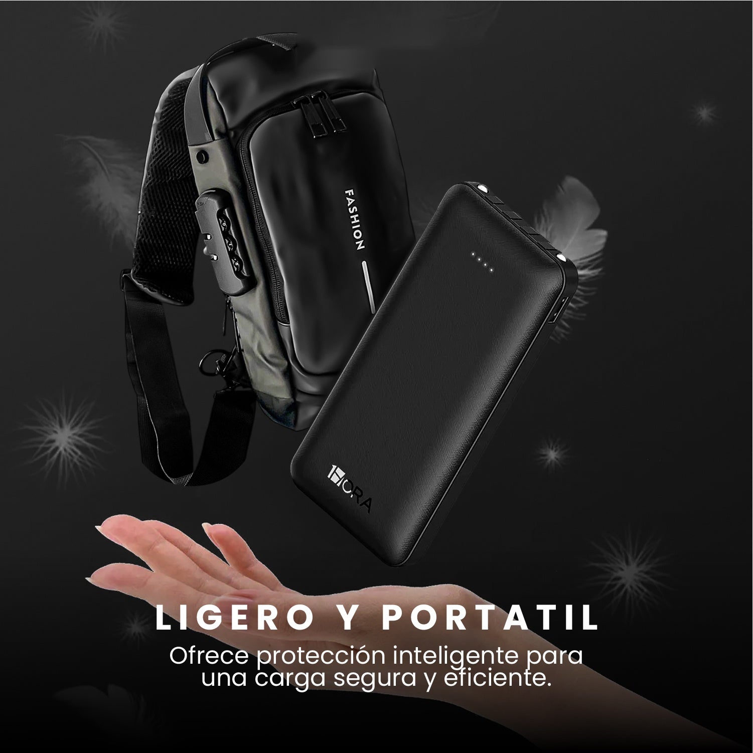 Bolso Manos Libres Antirrobo Con Clave Hombre Color Negro Con Power Bank 10.000