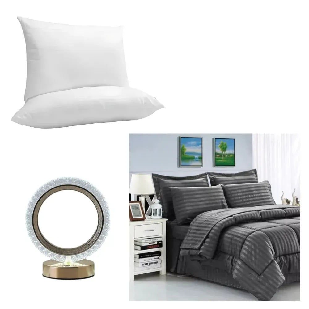 Combo Cubrelecho Cama Doble Premium + 2 Almohadas Confort Silicona + Lampara De Lujo