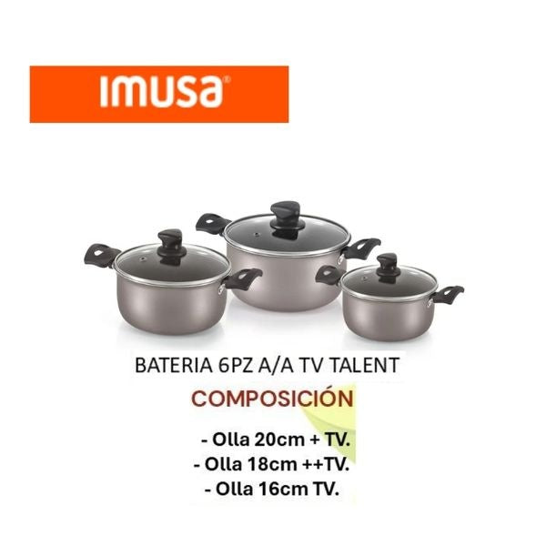 Bateria De Cocina Imusa Talent 6 Piezas Antiadherente Con Tapas Vidrio