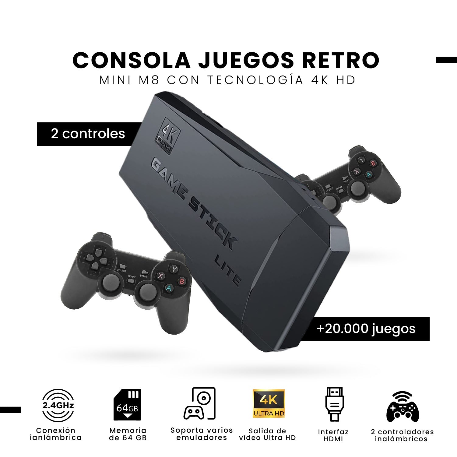 Consola Retro Game Stick 4K Con 20.000 Juegos Y 2 Controles Inalambricos