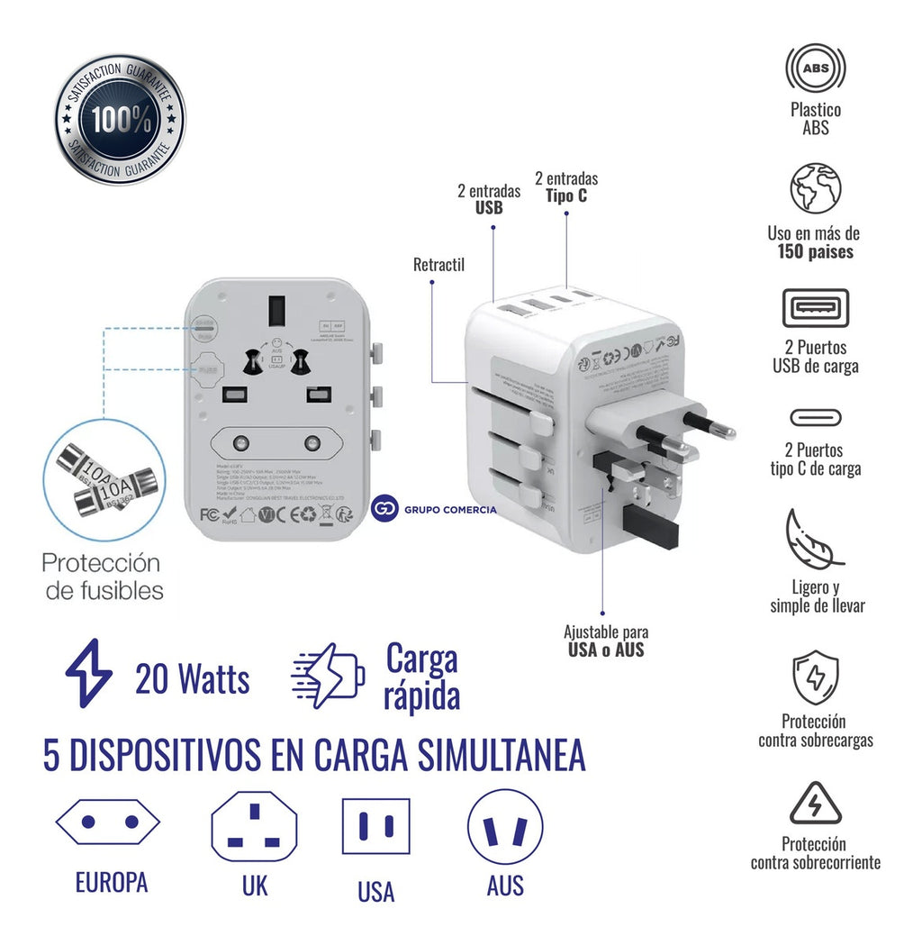 Convertidor Mundial Adaptador Carga Rapida 20W Puerto Usb-C