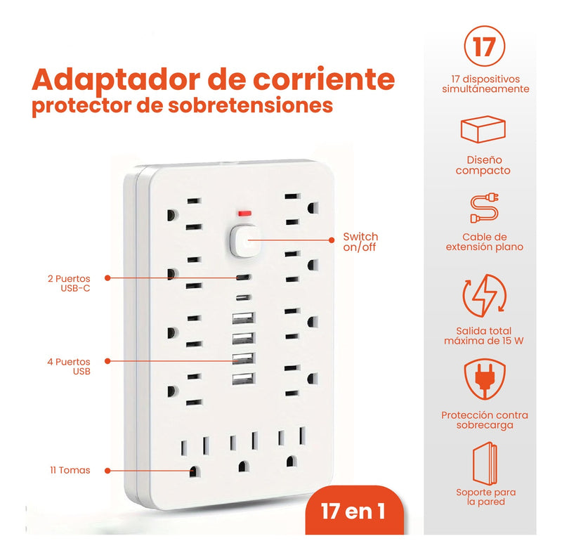Multitoma Extension Proteccion De Picos 17 En 1 Usb / Usb C